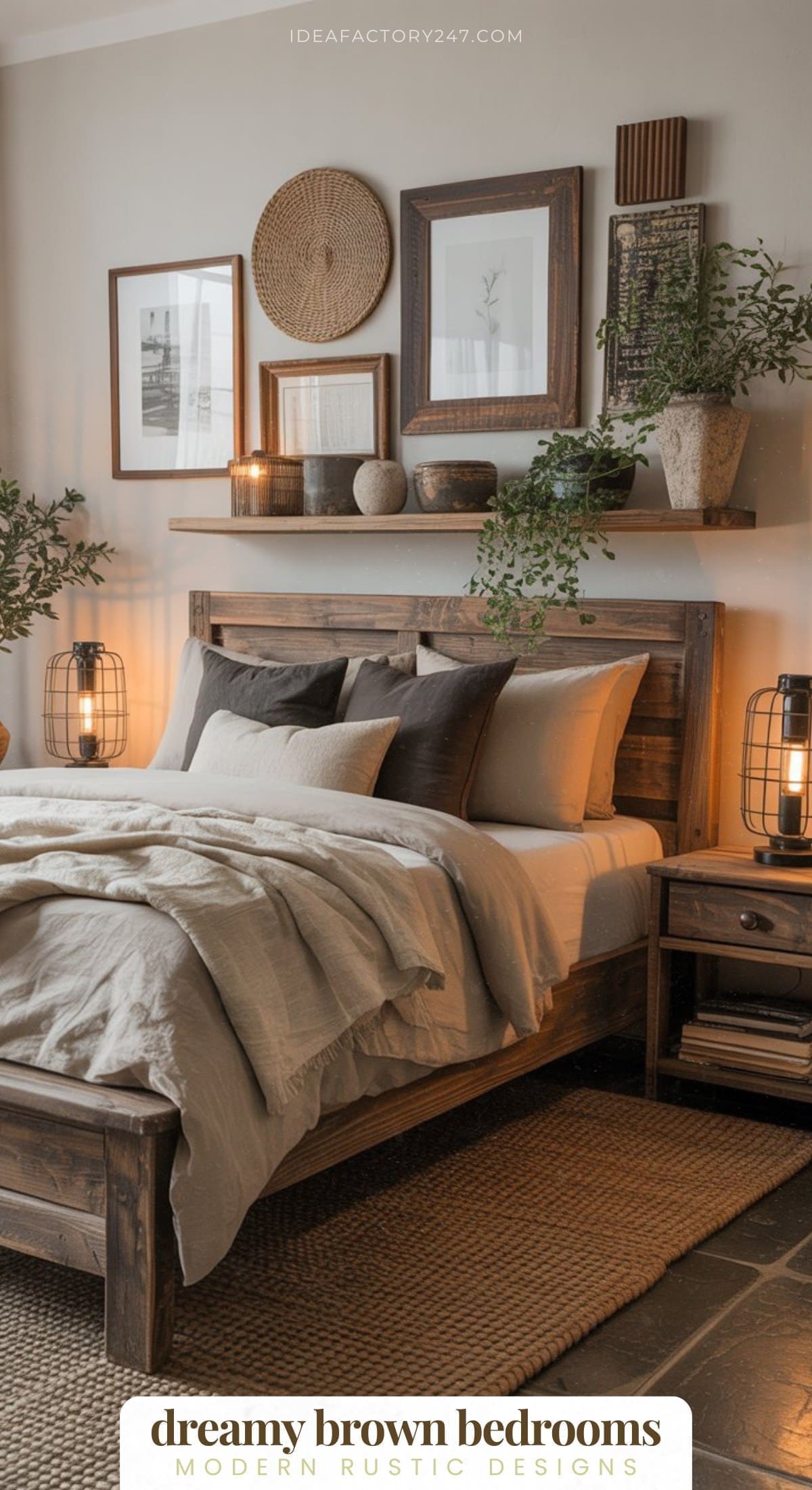 A cozy rustic bedroom with a wooden bed, neutral bedding, woven baskets, plants, framed wall art, and warm lighting. Earthy tones and natural textures create a serene, inviting atmosphere. Text reads: dreamy brown bedrooms.