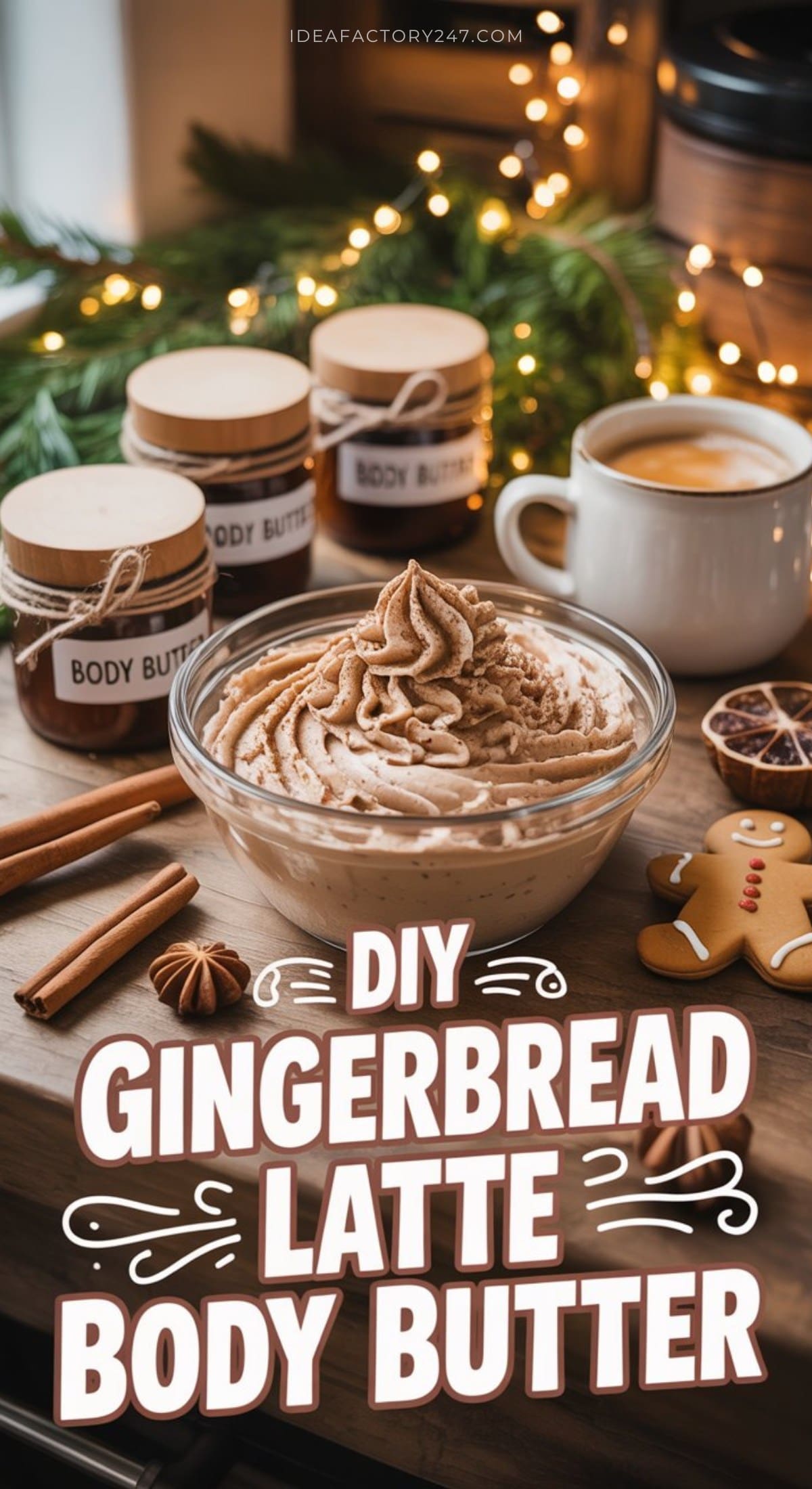 A glass bowl of whipped gingerbread latte body butter sits on a wooden table surrounded by cinnamon sticks, a gingerbread cookie, a cup of coffee, jars labeled Body Butter, and festive holiday decorations. Text reads: DIY Gingerbread Latte Body Butter.