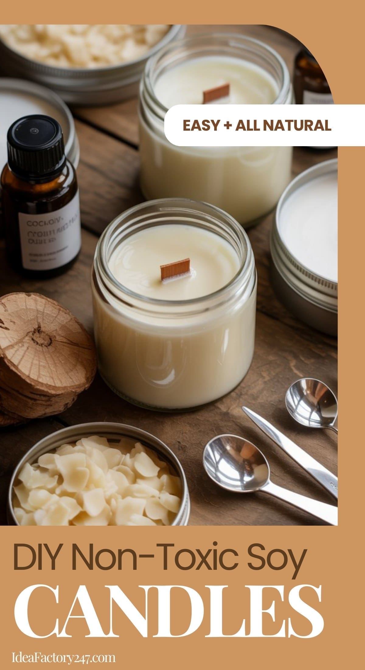 A flat lay of non-toxic DIY candles in glass jars, wooden wicks, coconut oil, soy wax flakes, and measuring spoons on a wooden surface. Text reads Easy + All Natural and DIY Non-Toxic Soy Candles.