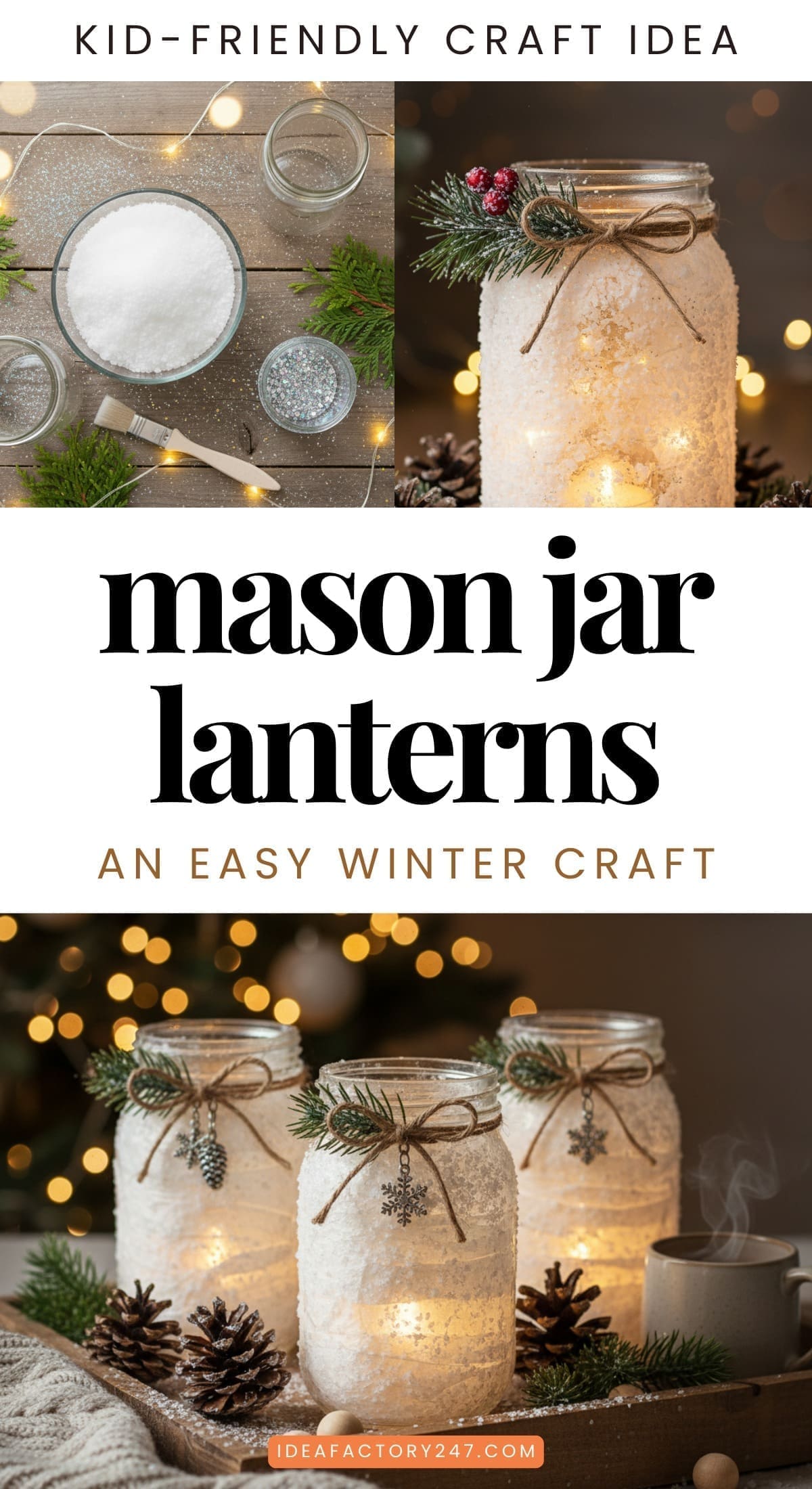 Three mason jars decorated with faux snow, twine, pinecones, and greenery are lit with candles inside, creating cozy winter lanterns. Craft materials like salt, glitter, and glue are also shown. Text reads Mason Jar Lanterns.