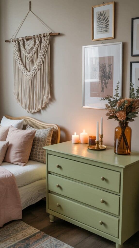 A cozy bedroom corner with bohemian bedroom decoration: a light green dresser, lit candles, a brown vase with dried flowers, framed art, a woven wall hanging, and a bed with pink and beige pillows and blankets.
