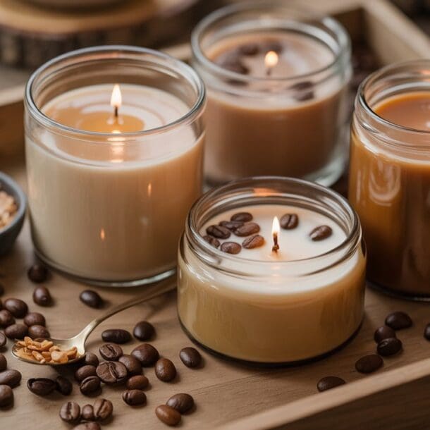 A wooden tray holds four lit candles in glass jars, surrounded by scattered coffee beans and a small bowl of coarse brown sugar. A spoon and rustic wooden surface are also visible.