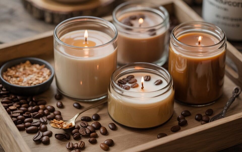 A wooden tray holds four lit candles in glass jars, surrounded by scattered coffee beans and a small bowl of coarse brown sugar. A spoon and rustic wooden surface are also visible.