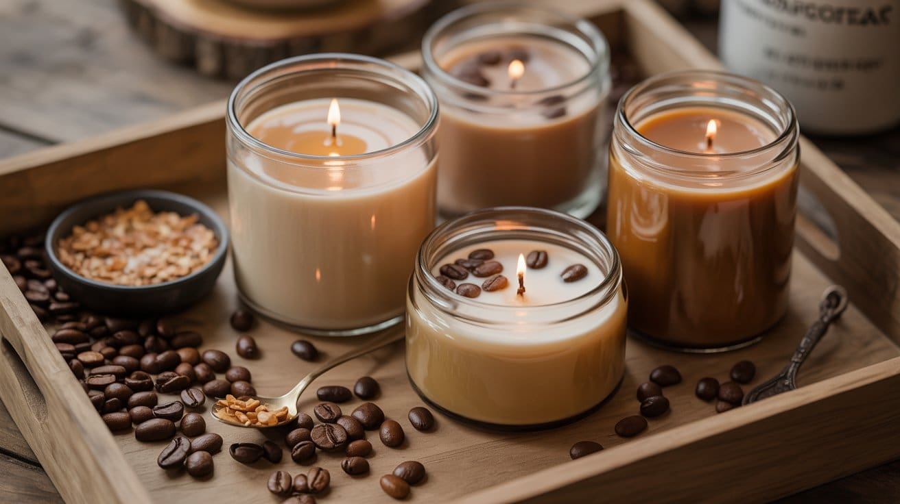 A wooden tray holds four lit candles in glass jars, surrounded by scattered coffee beans and a small bowl of coarse brown sugar. A spoon and rustic wooden surface are also visible.