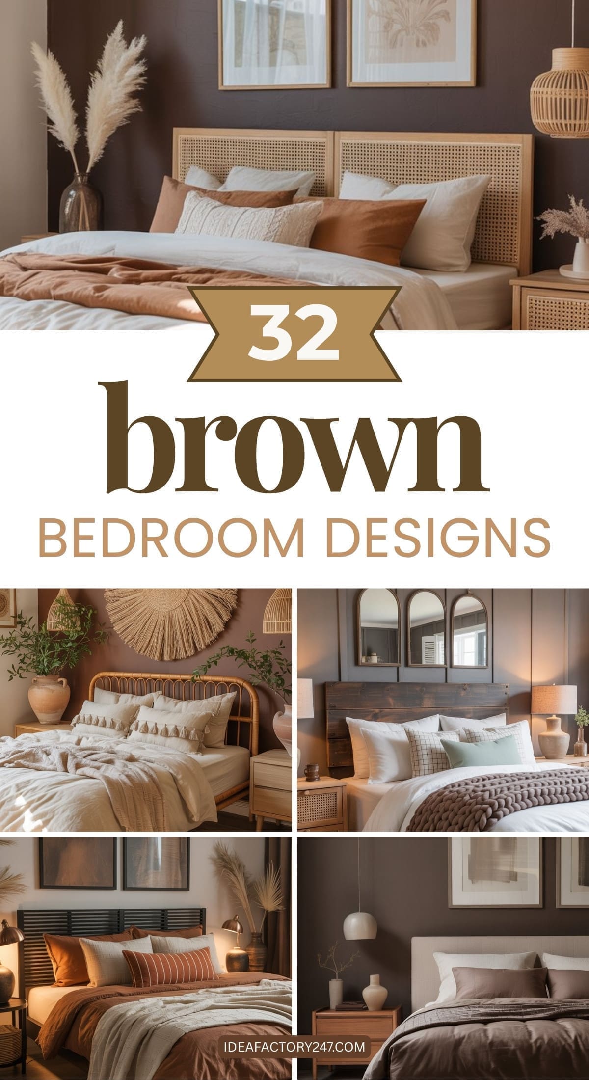 A collage showcases cozy brown bedroom designs with various beds, warm textiles, neutral decor, plants, and artwork; text in the center reads “32 Brown Bedroom Designs.”.