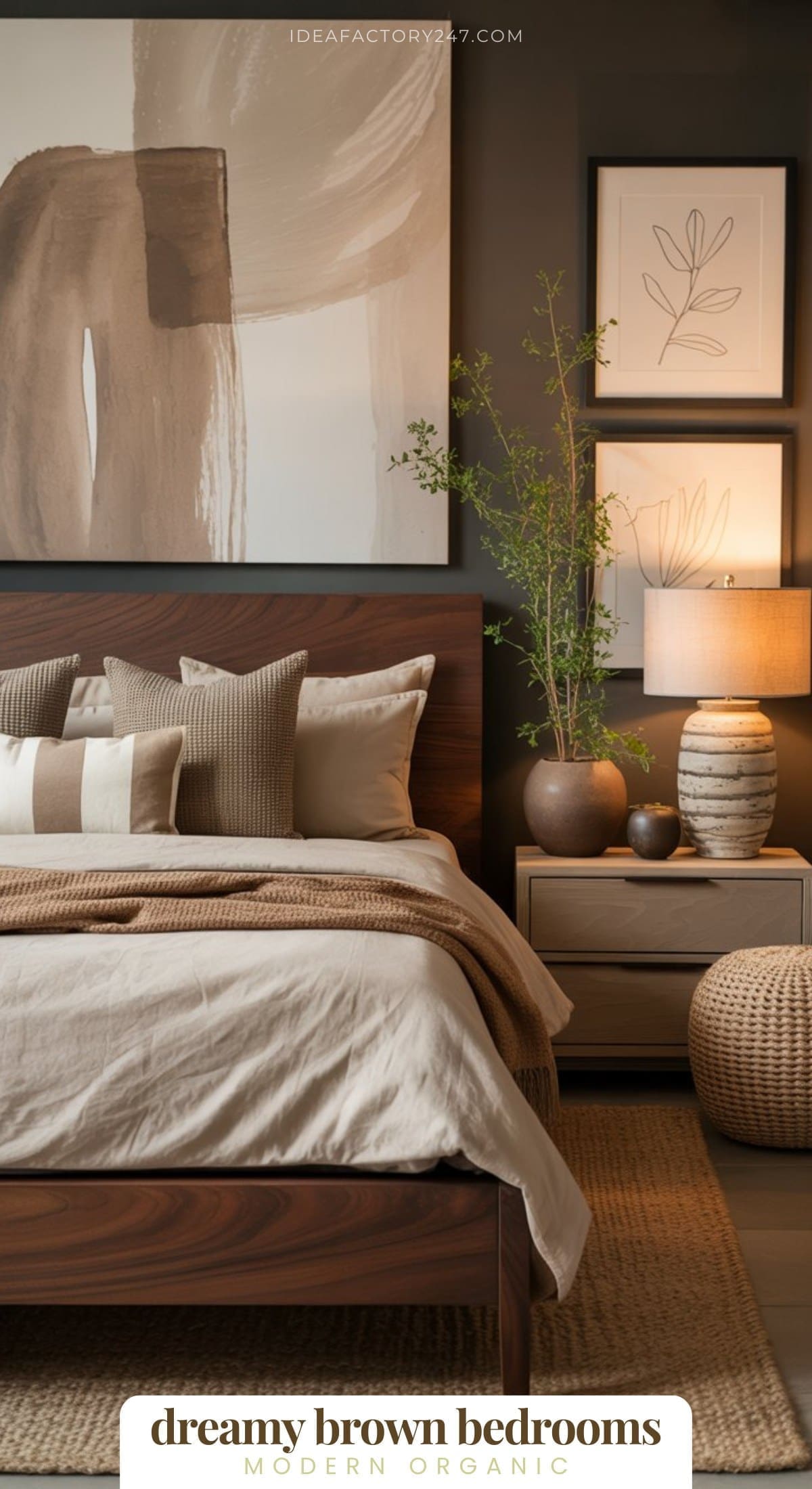 A modern bedroom with a wooden bed, beige and brown bedding, abstract art, potted plant, ceramic lamp, and nature-themed decor. Earthy tones and soft textures create a warm, organic atmosphere.