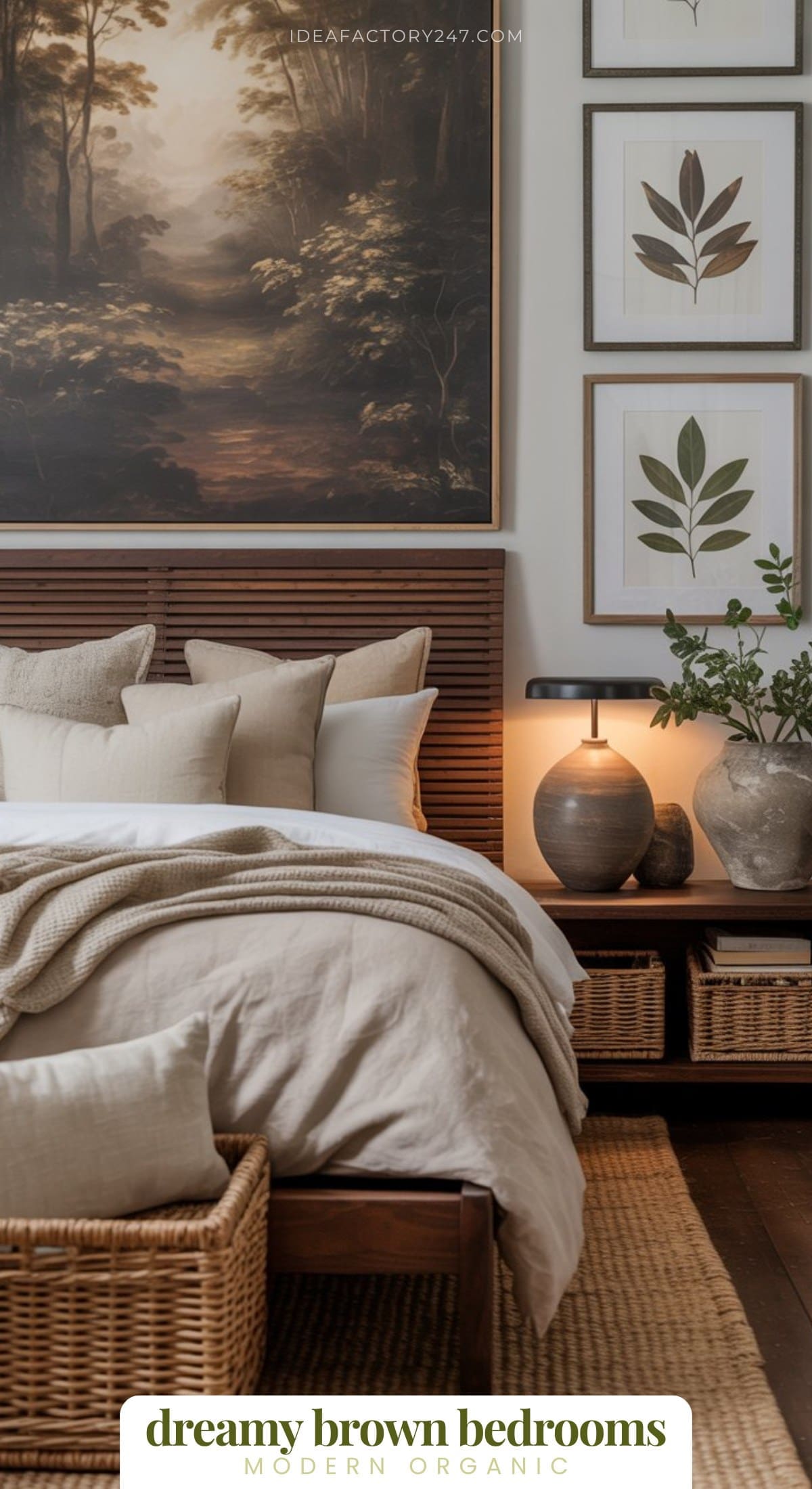 A cozy bedroom with a wooden bed, beige and brown bedding, a wicker basket, botanical prints on the wall, a bedside table with a lamp, and woven storage baskets underneath. Text reads “dreamy brown bedrooms.”.