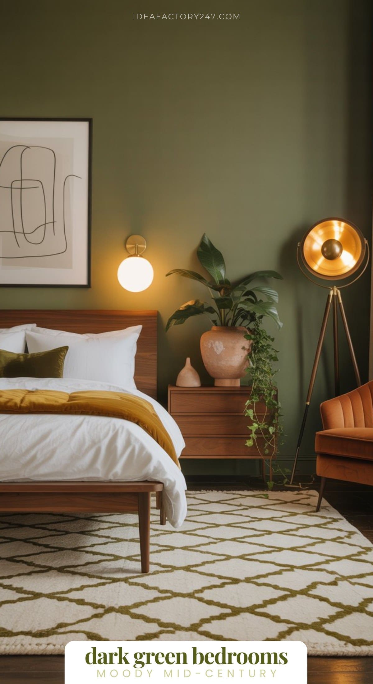 Obsessed with dark green? We are too! This is moss green bedroom part of our moody green bedrooms collection.  A mid-century modern bedroom with dark green walls, wooden furniture, a bed with white and mustard bedding, a geometric rug, a potted plant, abstract wall art, and a vintage floor lamp.
