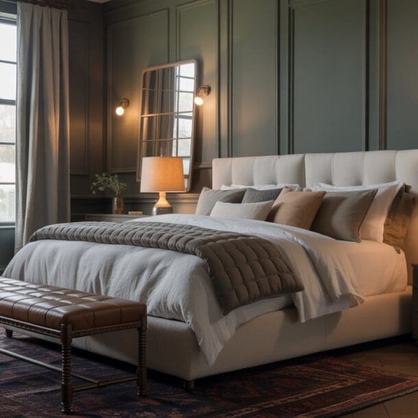 A cozy, modern bedroom with a large upholstered bed, neutral bedding, two bedside tables with lamps, a tufted bench at the foot of the bed, a rug, and a tall window with light curtains letting in natural light.