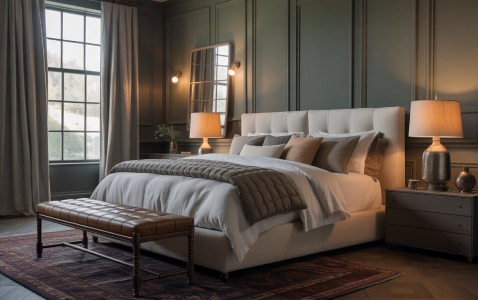 A cozy, modern bedroom with a large upholstered bed, neutral bedding, two bedside tables with lamps, a tufted bench at the foot of the bed, a rug, and a tall window with light curtains letting in natural light.