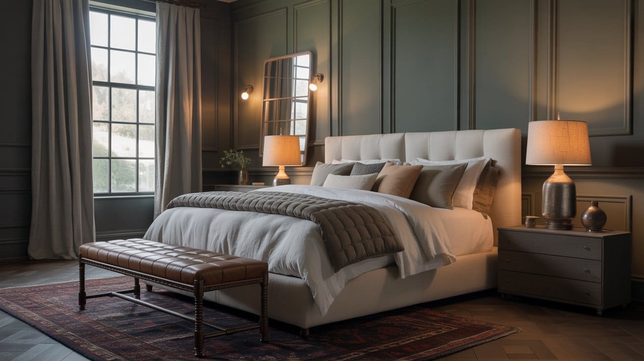 A cozy, modern bedroom with a large upholstered bed, neutral bedding, two bedside tables with lamps, a tufted bench at the foot of the bed, a rug, and a tall window with light curtains letting in natural light.