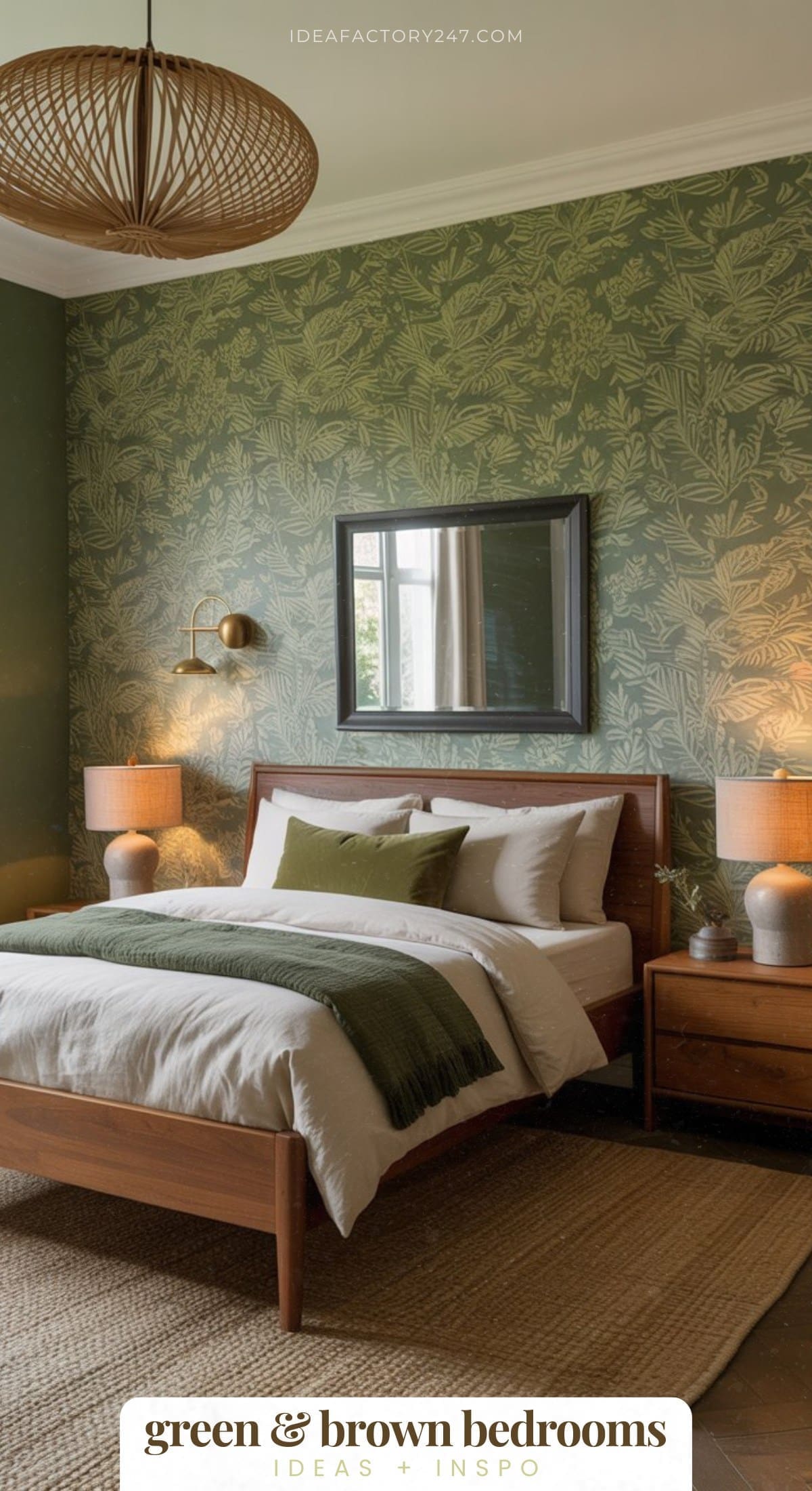 A bedroom with green botanical wallpaper, a wooden bed with white and green bedding, two wooden nightstands with lamps, and a large woven rug on the floor. A mirror hangs above the bed.