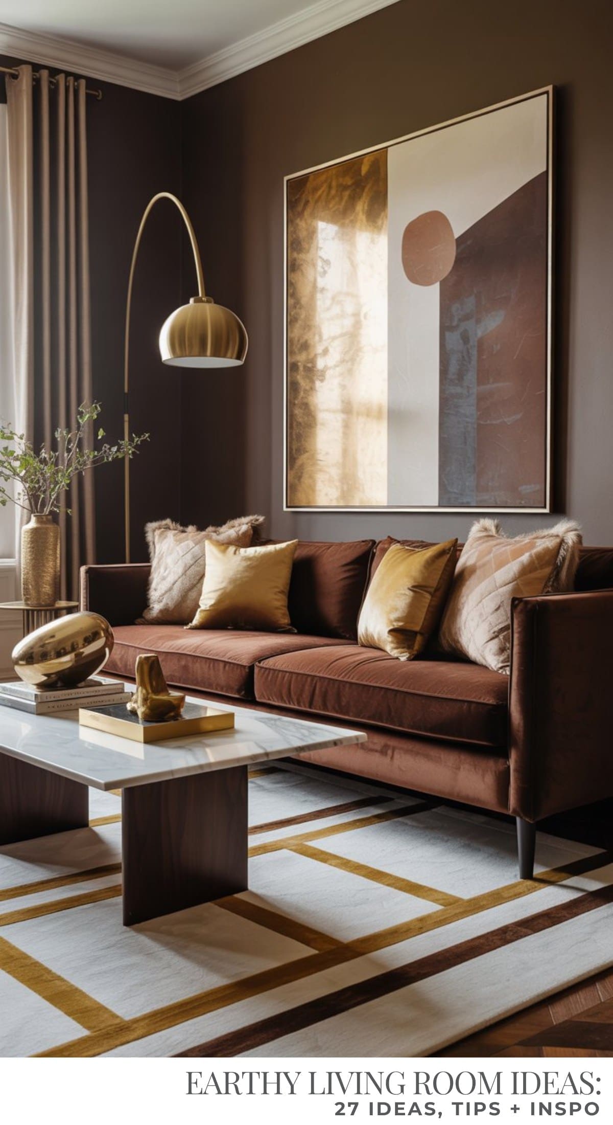 A dark chocolate living room features espresso brown walls, a brown velvet sofa with gold pillows, a modern gold floor lamp, abstract art, a marble coffee table, and a striped rug with gold and white patterns.