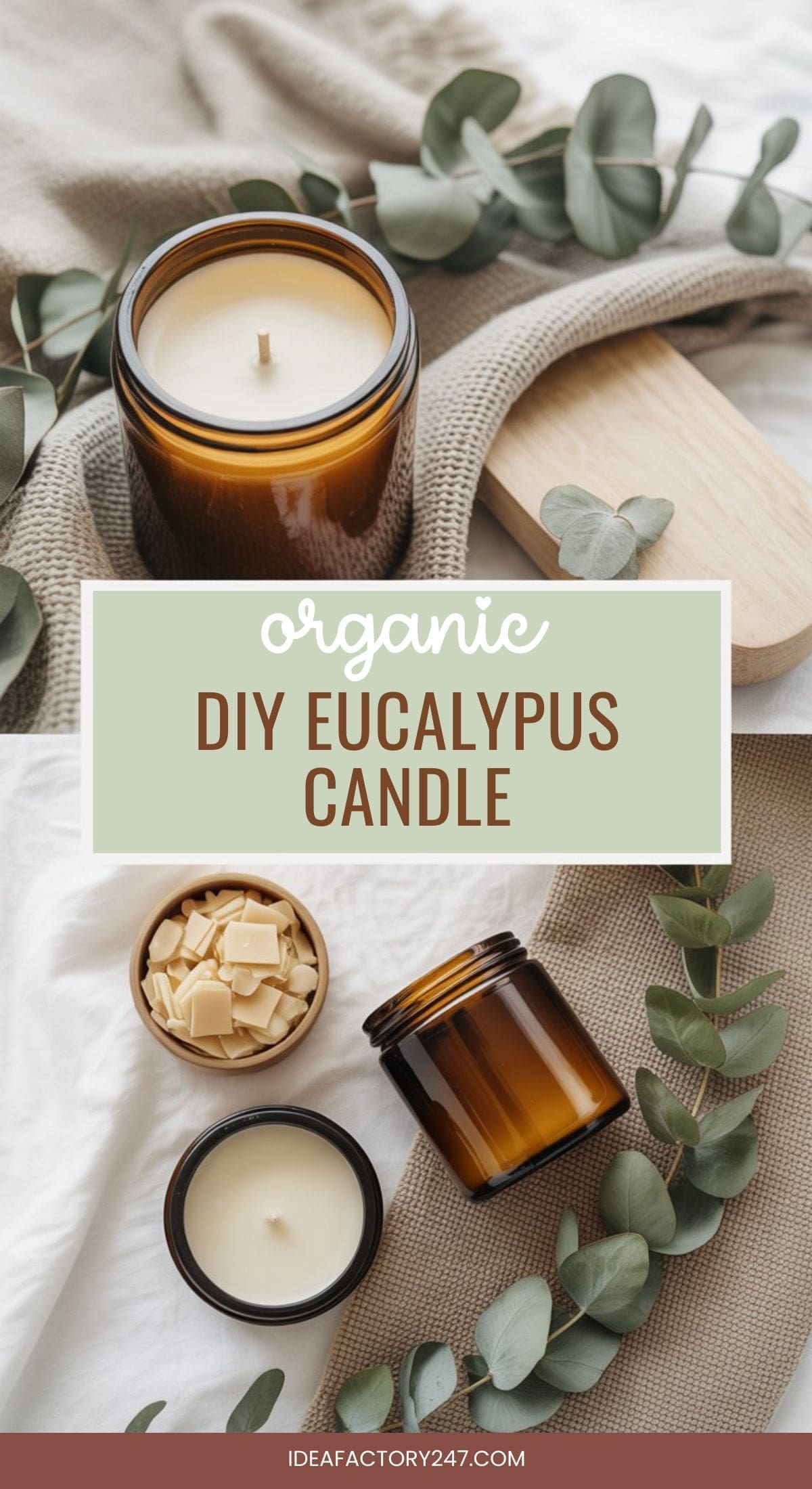 Top-down view of a brown glass candle, eucalyptus leaves, wax pieces, and a wooden tray. Text reads: Organic DIY Eucalyptus Candle.” Neutral and green tones create a calm, natural feel.