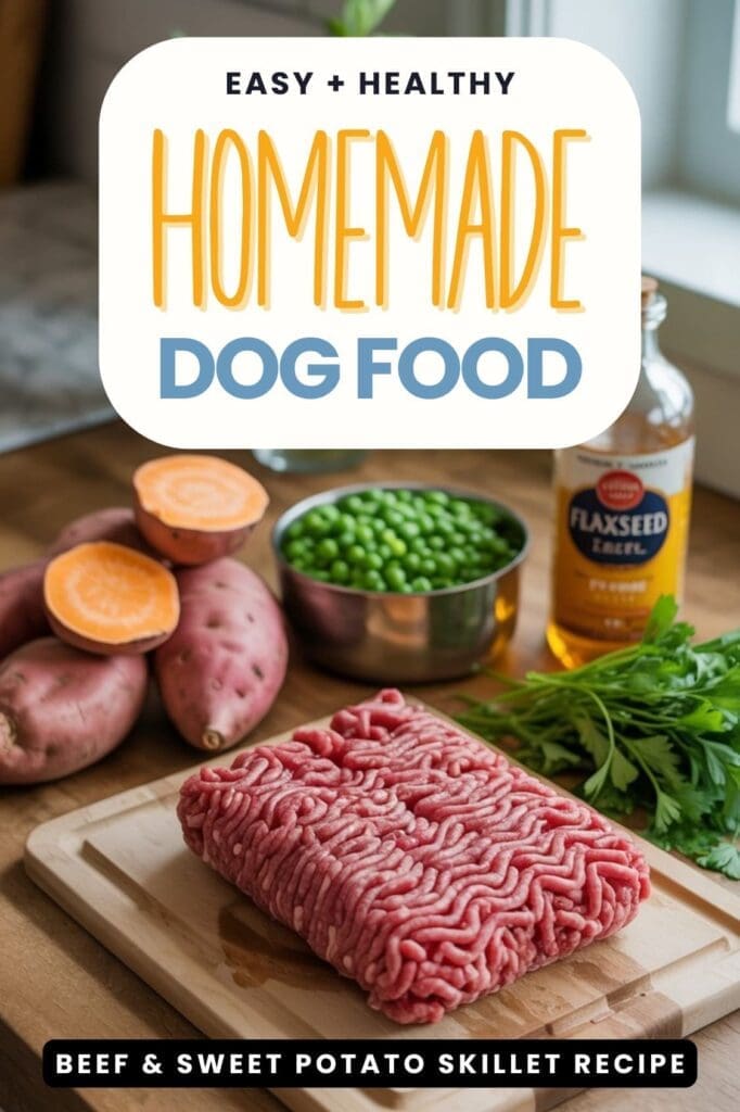 A cutting board with ground beef, sweet potatoes, fresh parsley, green peas, and a bottle of flaxseed oil. Text on the image reads: Easy + healthy homemade dogfood. Beef & sweet potato skillet recipe.
