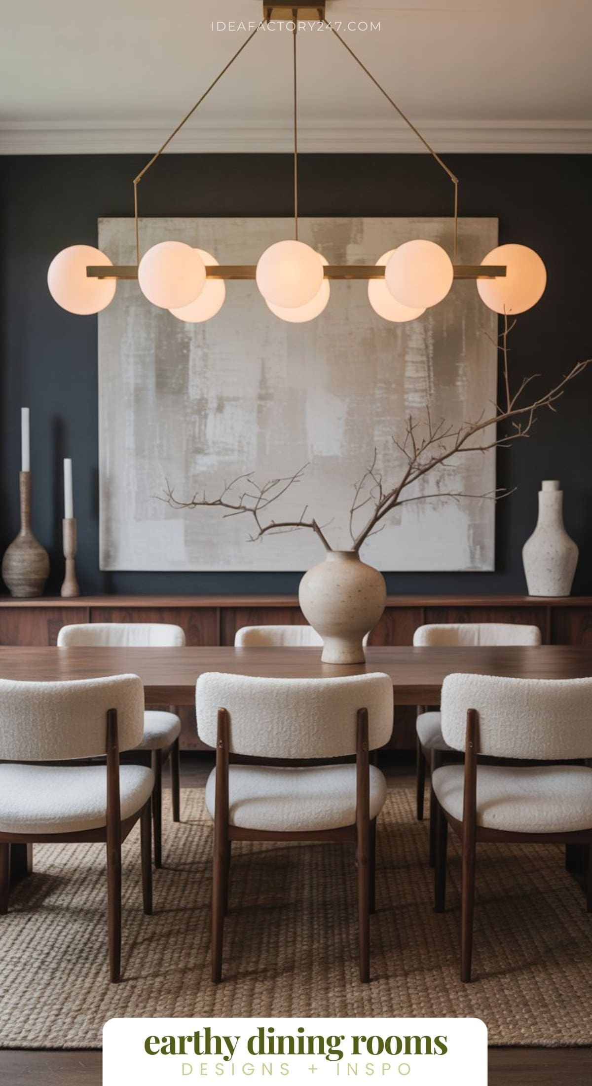 A modern earthy dining room featuring a wooden table, six cushioned chairs, a large textured painting, neutral decor, a ceramic vase with branches, and a contemporary chandelier with round lights. Text reads “earthy dining rooms.”.