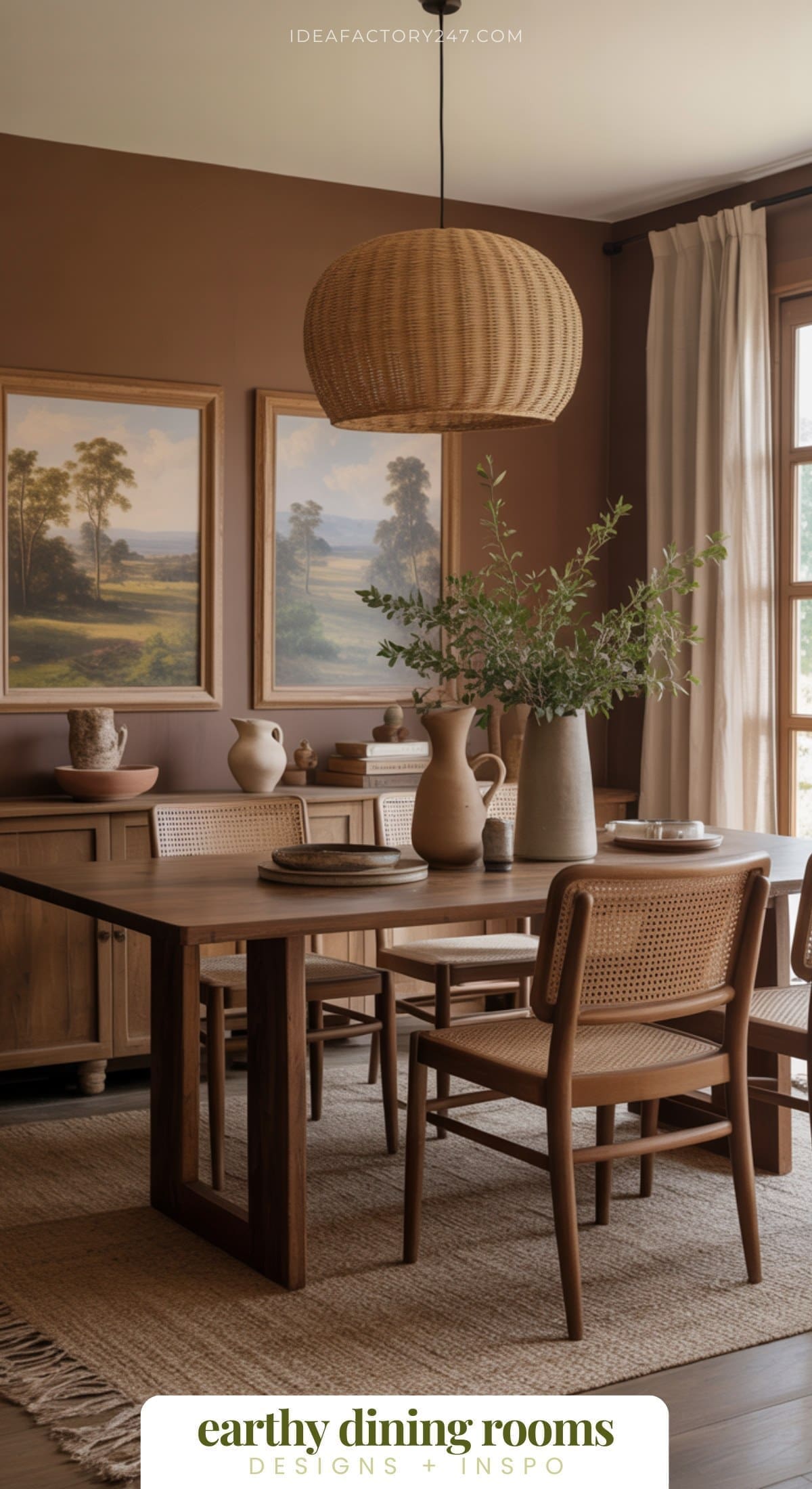 A warm, earthy dining room features a wooden table, woven chairs, pottery vases with greenery, landscape paintings, a woven pendant light, and abundant natural light. Text reads “earthy dining room designs + inspo.”.