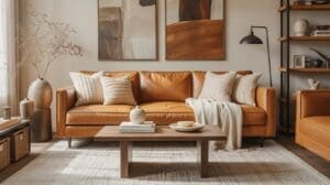 A modern living room with a caramel leather sofa, beige cushions, a cozy throw, a wooden coffee table with decor, abstract art on the wall, and neutral-toned accents on shelves and side tables.