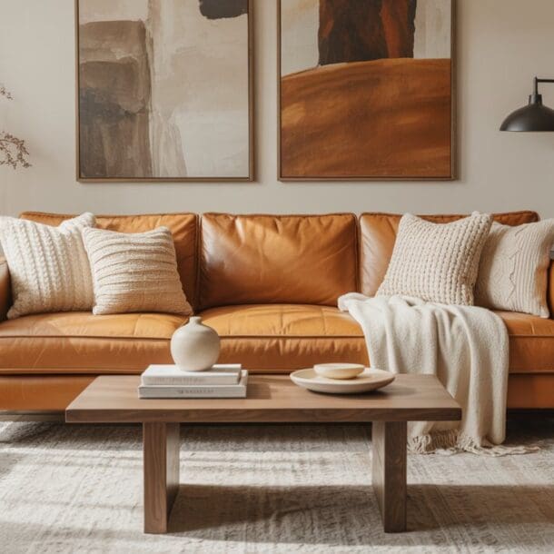 A modern living room with a caramel leather sofa, beige cushions, a cozy throw, a wooden coffee table with decor, abstract art on the wall, and neutral-toned accents on shelves and side tables.