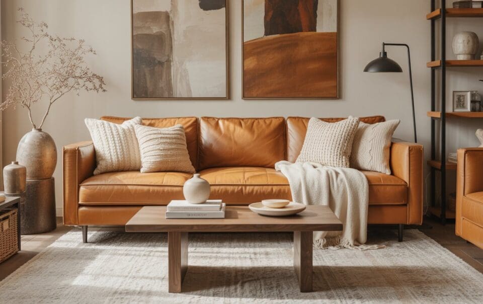 A modern living room with a caramel leather sofa, beige cushions, a cozy throw, a wooden coffee table with decor, abstract art on the wall, and neutral-toned accents on shelves and side tables.