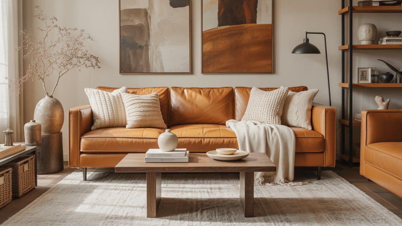 A modern living room with a caramel leather sofa, beige cushions, a cozy throw, a wooden coffee table with decor, abstract art on the wall, and neutral-toned accents on shelves and side tables.