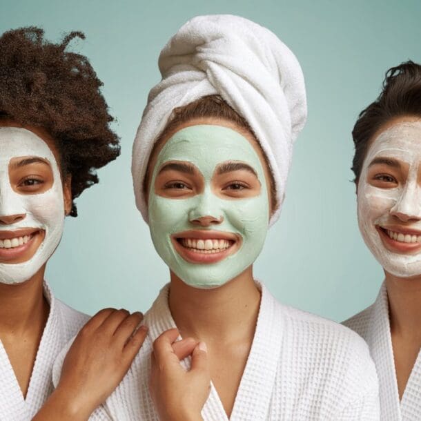 Three smiling women wearing white bathrobes and face masks, one with a towel wrapped around her hair, stand close together against a light teal background.