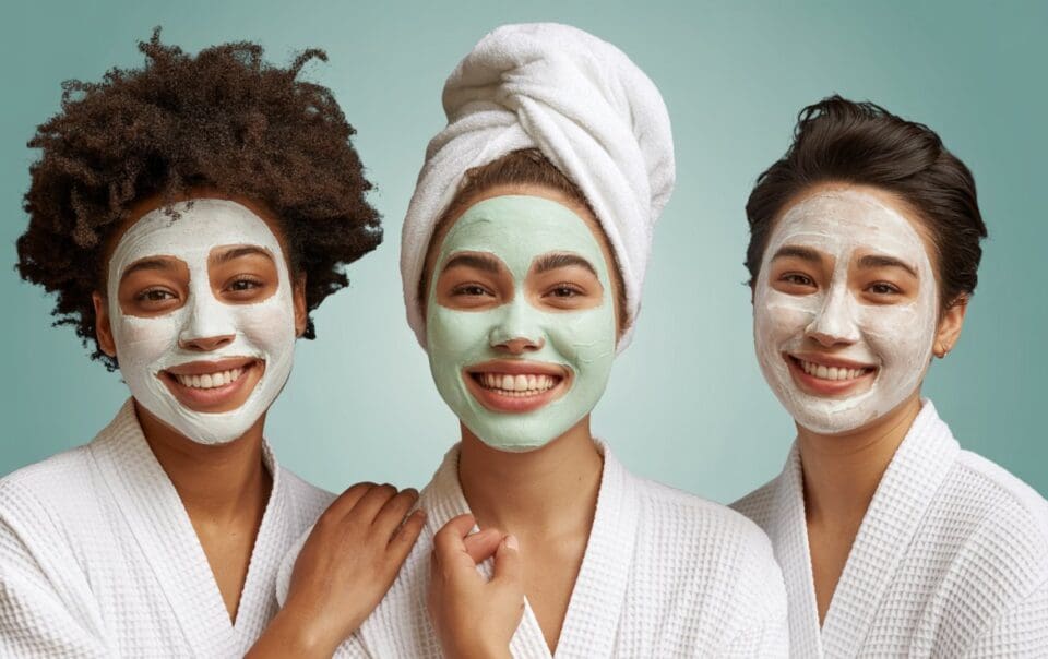 Three smiling women wearing white bathrobes and face masks, one with a towel wrapped around her hair, stand close together against a light teal background.