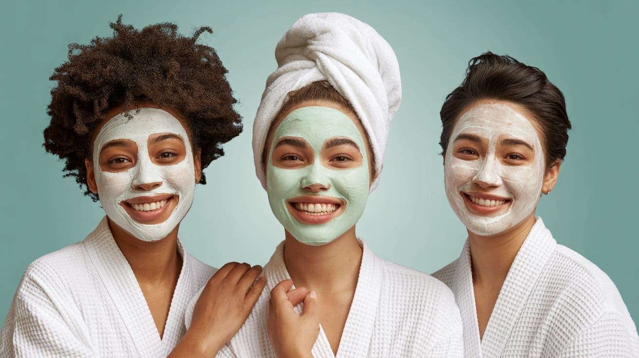 Three smiling women wearing white bathrobes and face masks, one with a towel wrapped around her hair, stand close together against a light teal background.