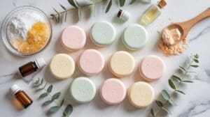 Pastel-colored bath bombs arranged on a marble surface, surrounded by essential oil bottles, a bowl of bath salts, a wooden spoon with powder, and eucalyptus leaves for a spa-like setting.