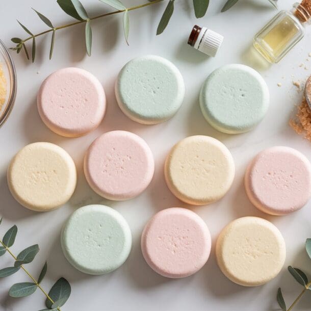 Pastel-colored bath bombs arranged on a marble surface, surrounded by essential oil bottles, a bowl of bath salts, a wooden spoon with powder, and eucalyptus leaves for a spa-like setting.