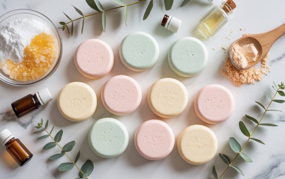 Pastel-colored bath bombs arranged on a marble surface, surrounded by essential oil bottles, a bowl of bath salts, a wooden spoon with powder, and eucalyptus leaves for a spa-like setting.