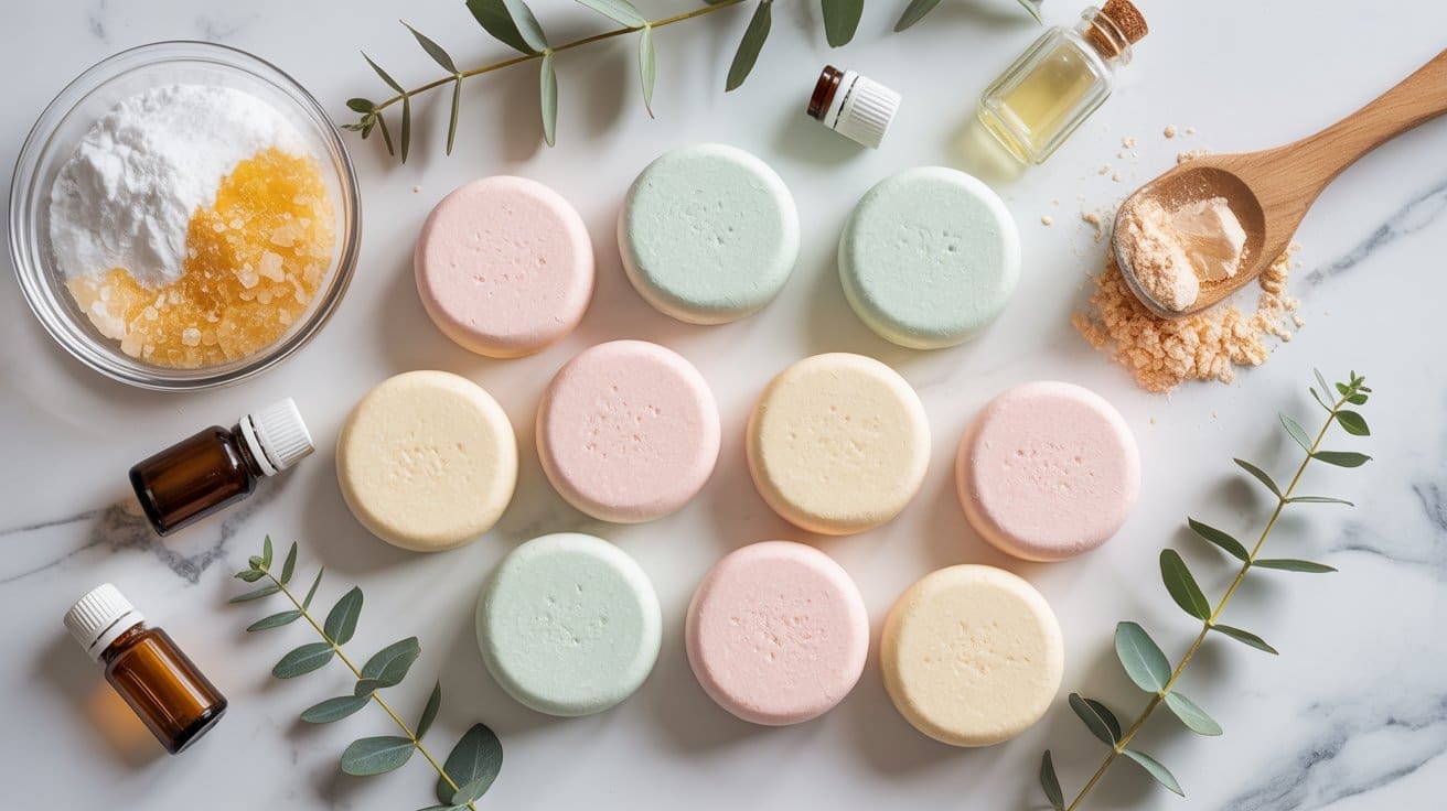 Pastel-colored bath bombs arranged on a marble surface, surrounded by essential oil bottles, a bowl of bath salts, a wooden spoon with powder, and eucalyptus leaves for a spa-like setting.