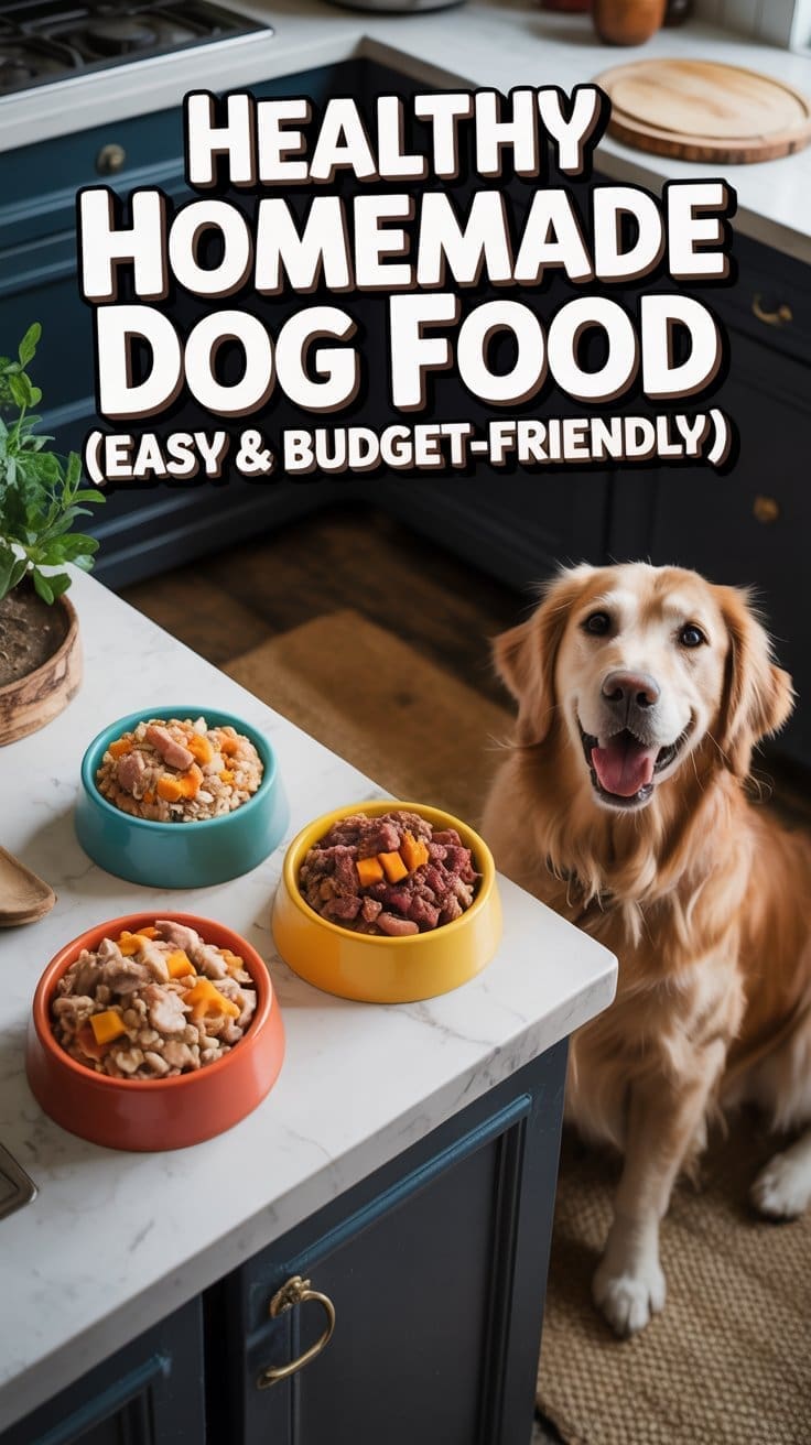 A happy golden retriever sits by a kitchen counter with three bowls of colorful, healthy homemade dogfood. Text above reads: “Healthy Homemade Dog Food (Easy & Budget-Friendly).”.