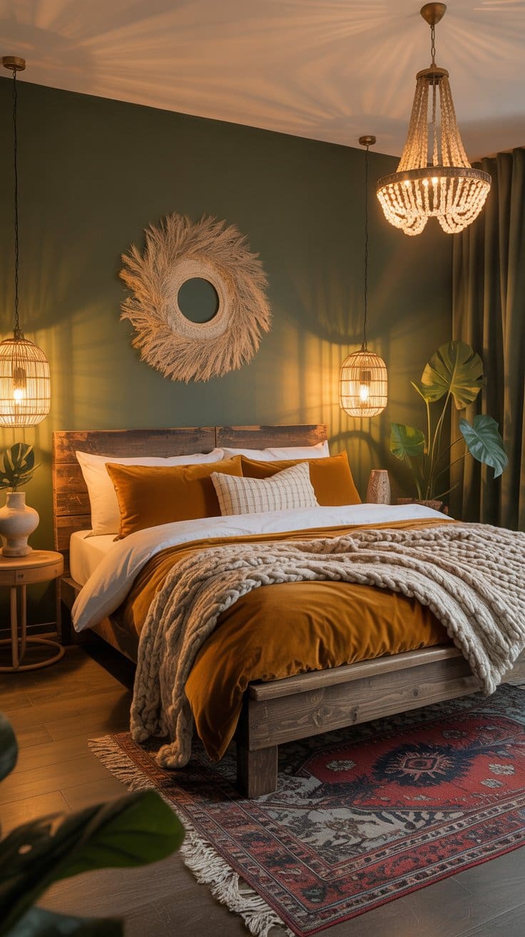 Cozy bedroom with a wooden bed, mustard bedding, chunky knit blanket, green accent wall, rattan pendant lights, round mirror, leafy plants, and a red patterned rug. Modern boho bedroom design creates warm, inviting lighting and relaxed charm.