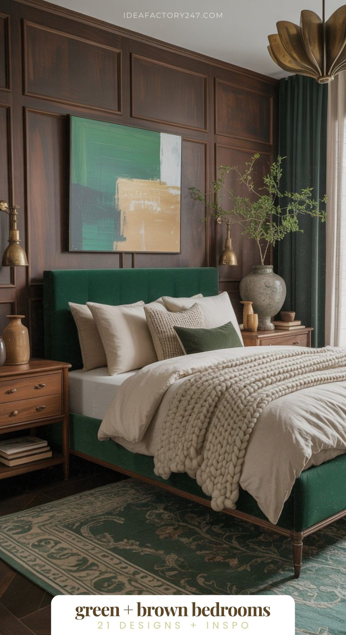 A stylish green and brown bedroom with dark wood panel walls, a green upholstered bed, beige bedding, chunky knit blanket, green-and-white rug, wooden nightstands, modern artwork, green curtains, and a large leafy plant.