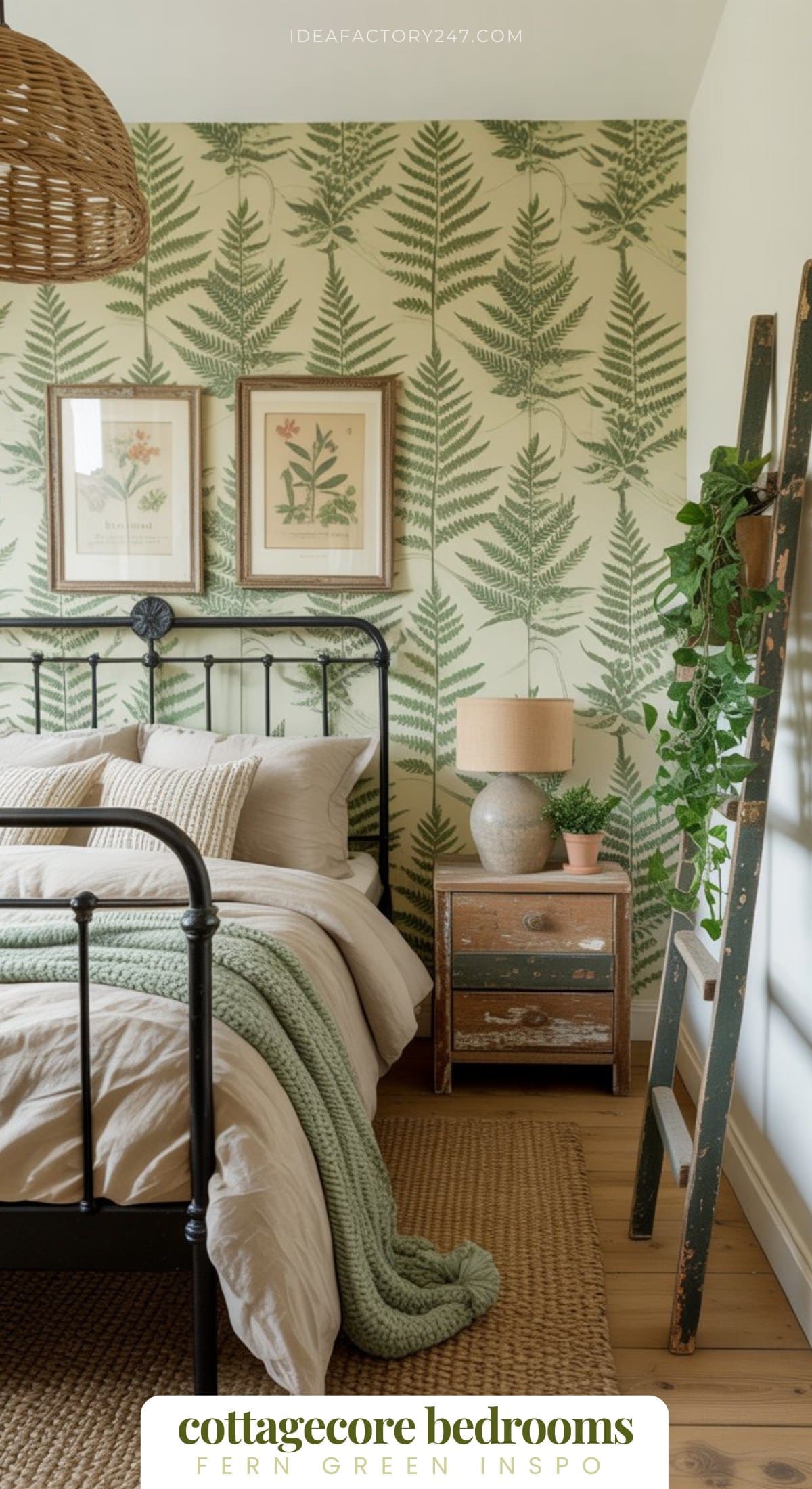 From our collection of 20+ green cottagecore bedrooms. Click to see them all!This cozy cottagecore green bedroom with fern-patterned wallpaper, black metal bed, neutral bedding, wooden nightstand with a lamp and plant, framed botanical prints, and a rustic green ladder leaning against the wall.