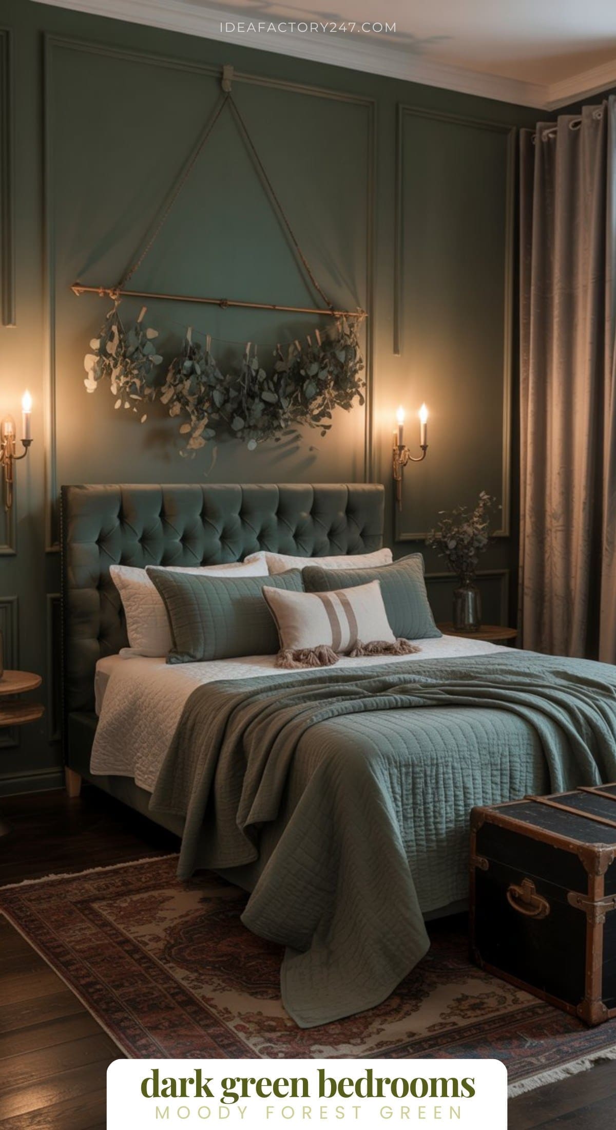 Obsessed with dark green? We are too! This is part of our 20+ moody green bedrooms collection. A bedroom with dark forest green walls and a tufted green headboard, decorated with hanging foliage, soft lighting, layered bedding in green tones, and a vintage trunk at the foot of the bed. Text reads dark green bedrooms.