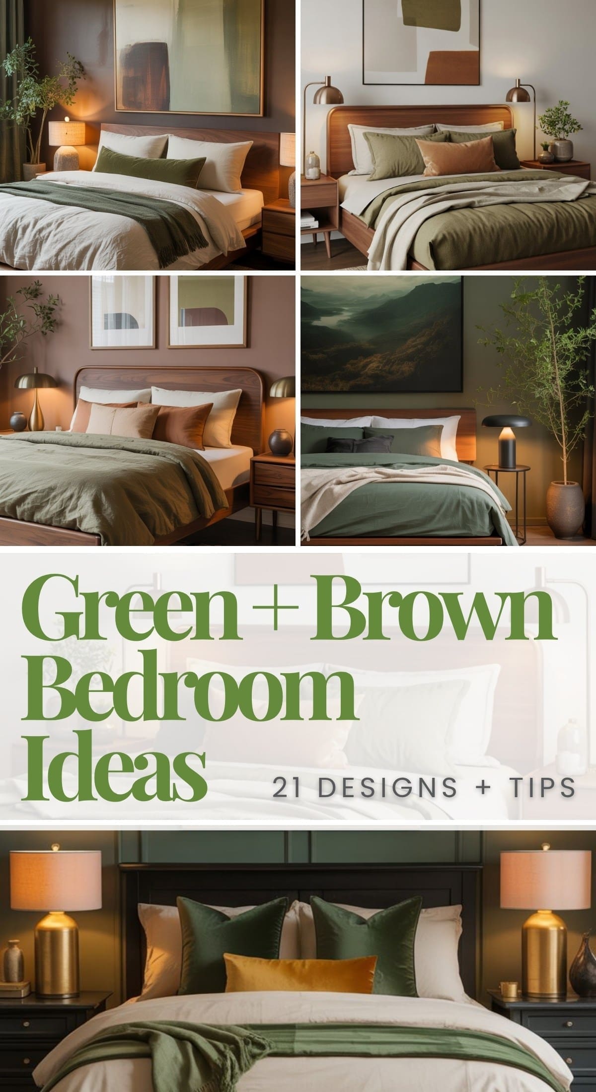 A collage of stylish bedrooms featuring green and brown decor, pillows, and bedding with modern artwork and warm lighting, overlaid with text: Green + Brown Bedroom Ideas: 21 Designs + Tips.