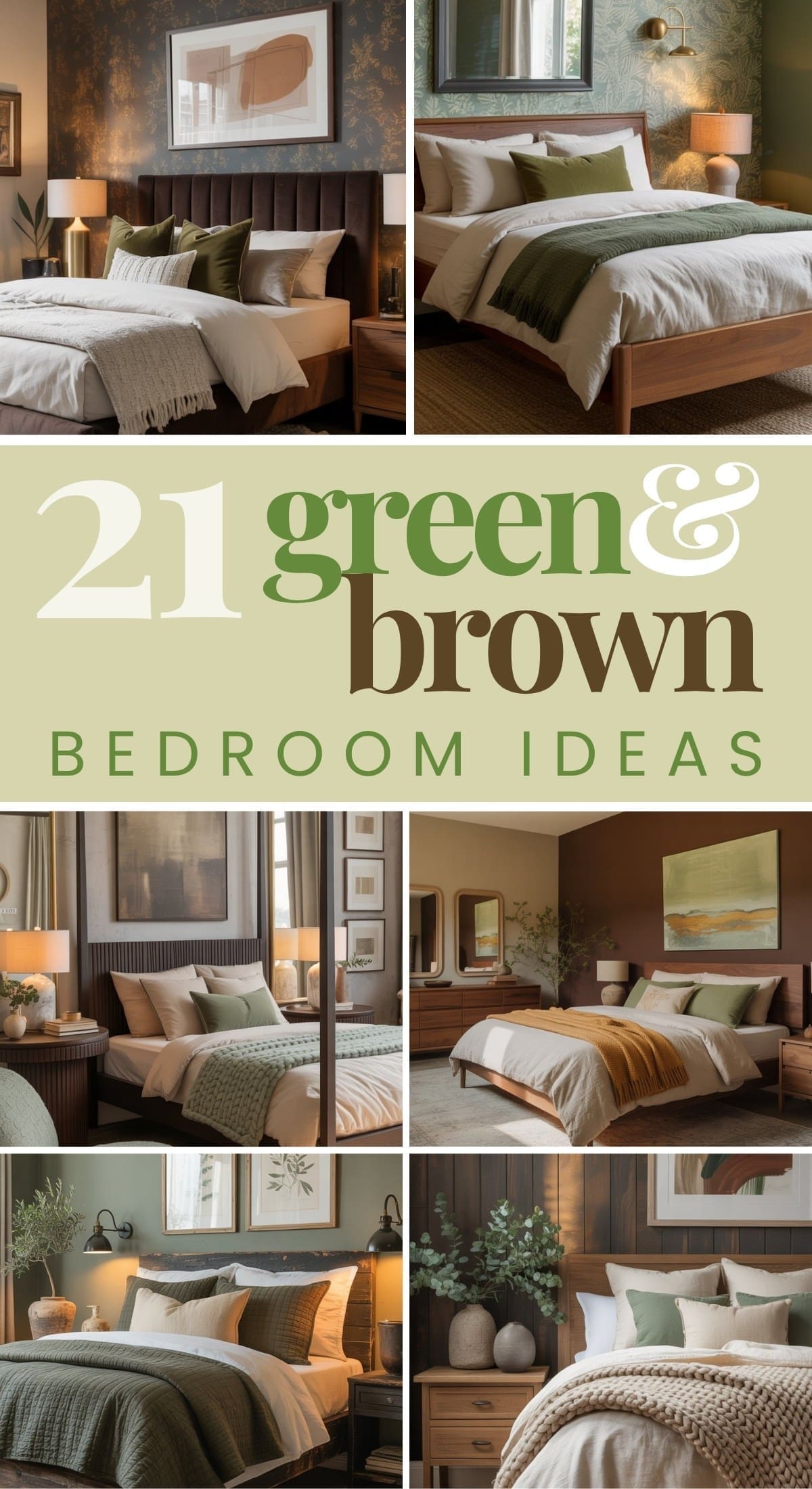 A collage featuring stylish bedrooms decorated in green and brown tones, with the text 21 Green & Brown Bedroom Ideas in bold letters across the center. Bedrooms showcase various earthy accents and cozy bedding.