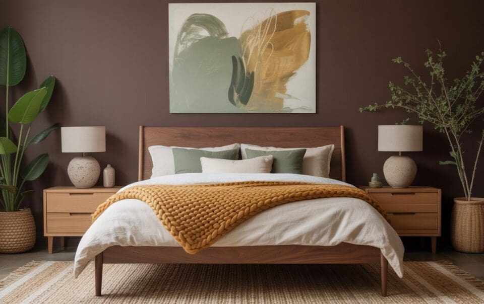 A cozy green and brown bedroom with a wooden bed, white bedding, and a mustard knit blanket. Two wooden nightstands with lamps, green plants, and a modern abstract painting decorate the brown wall behind the bed.