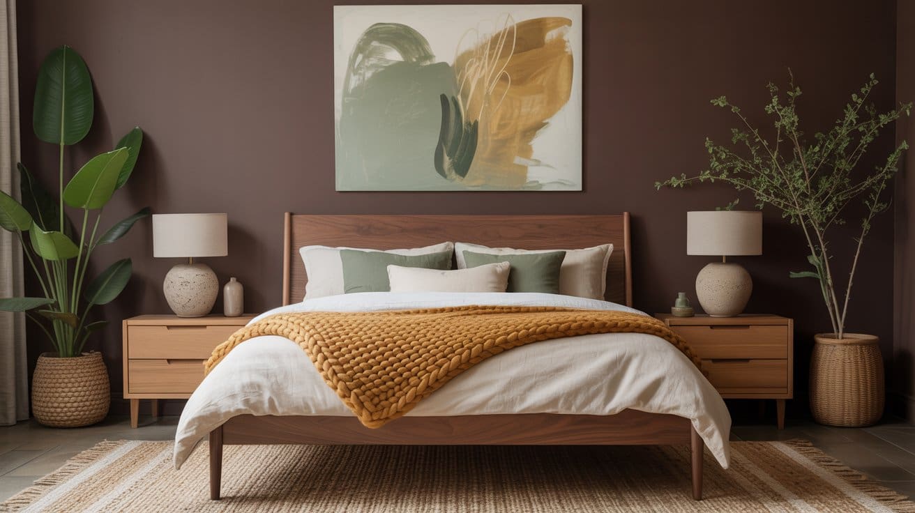 A cozy green and brown bedroom with a wooden bed, white bedding, and a mustard knit blanket. Two wooden nightstands with lamps, green plants, and a modern abstract painting decorate the brown wall behind the bed.