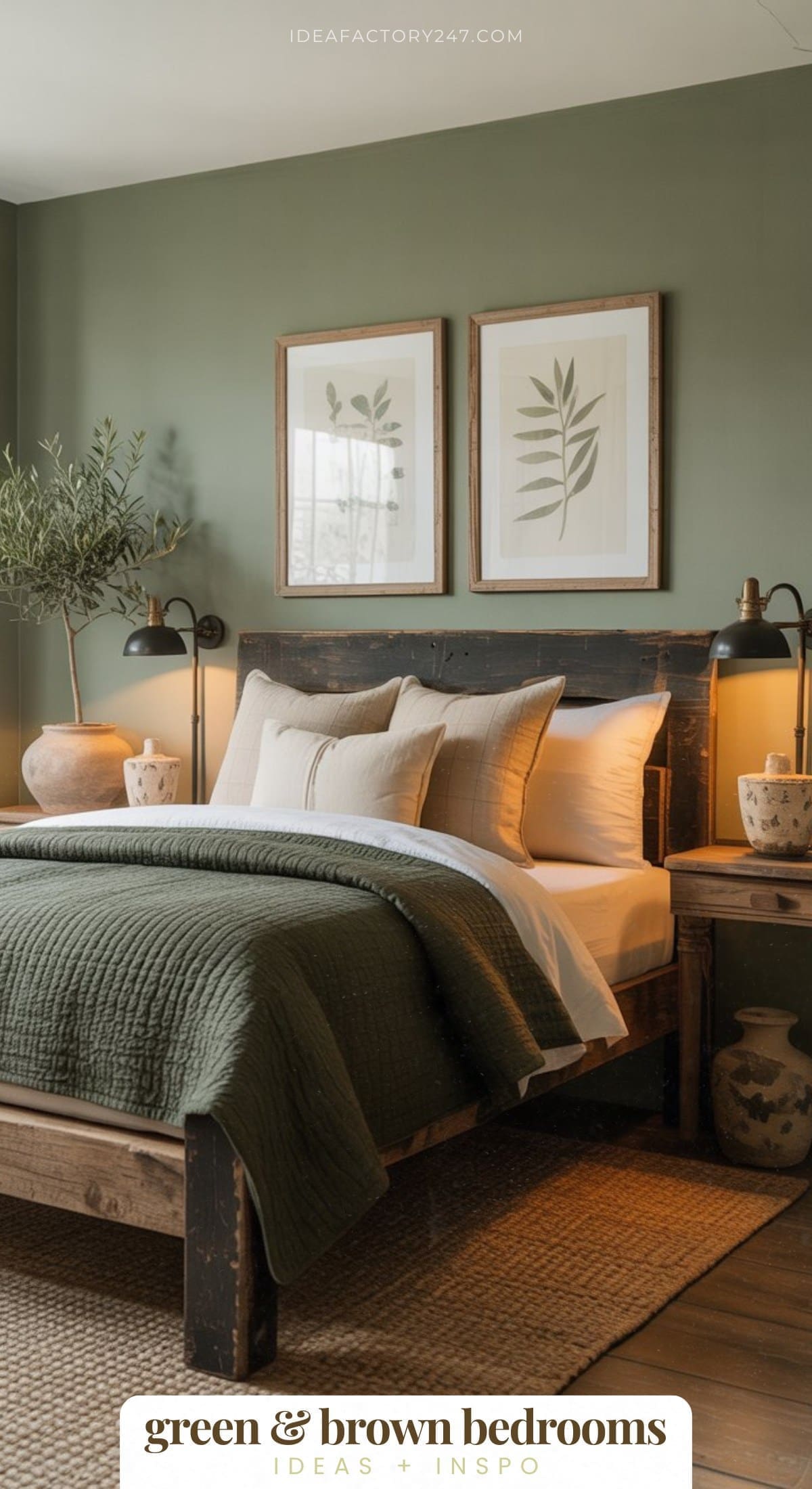 A cozy bedroom with a green accent wall, a wooden bed with green bedding, two bedside tables with lamps, potted plants, and framed botanical prints above the bed. The room features earthy, natural decor.