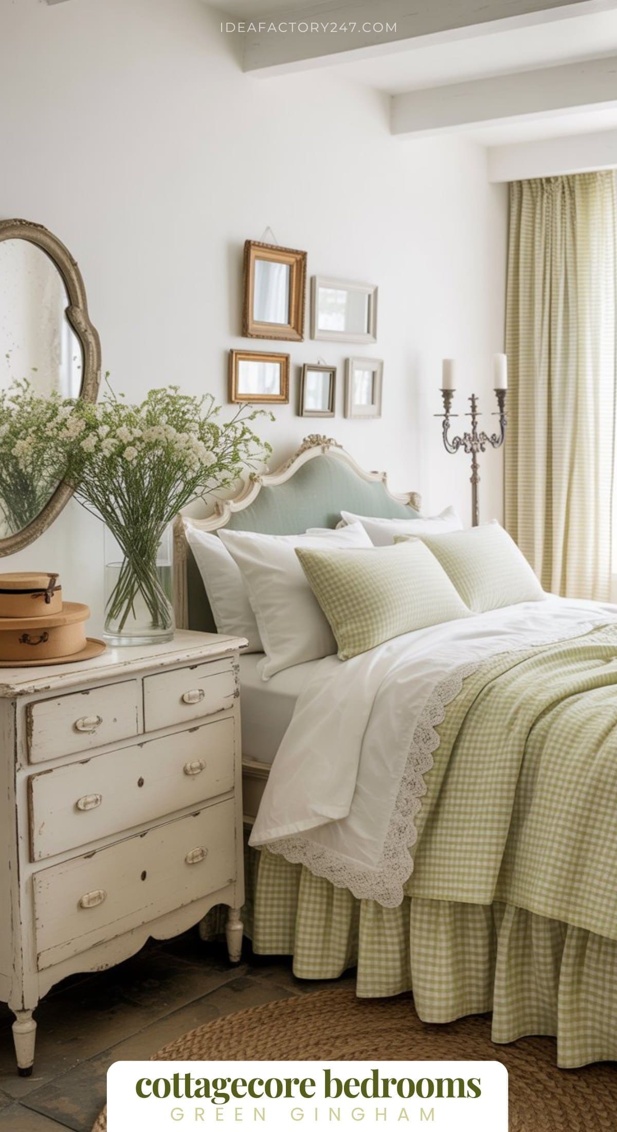 Classic cottagecore meets timeless charm with green gingham bedding, white painted furniture, and an overall vintage-farmhouse feel that feels sweet but not overly staged. Learn how to recreate this look and find more green cottagecore bedroom ideas.