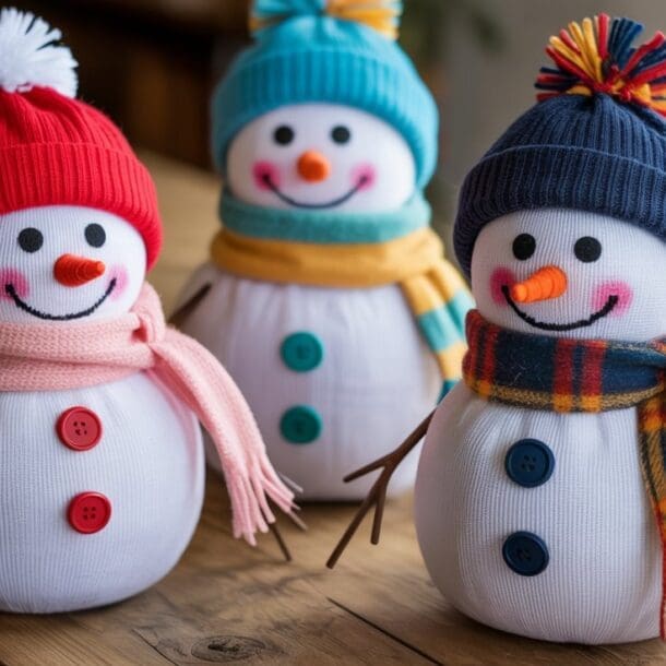 Three cheerful snowman dolls with button eyes and noses, wearing colorful hats and scarves, stand on a wooden table. Each snowman has twig arms, rosy cheeks, and a big smile.