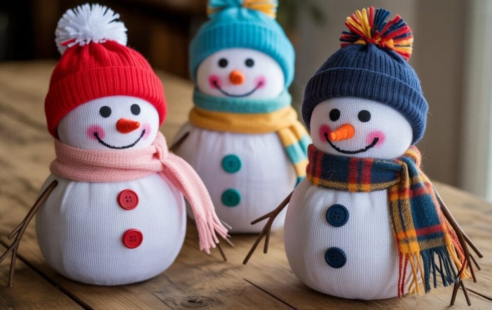 Three cheerful snowman dolls with button eyes and noses, wearing colorful hats and scarves, stand on a wooden table. Each snowman has twig arms, rosy cheeks, and a big smile.
