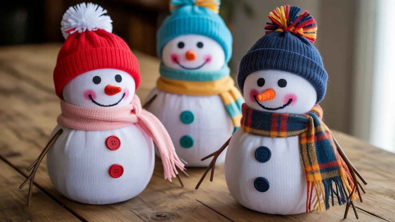 Three cheerful snowman dolls with button eyes and noses, wearing colorful hats and scarves, stand on a wooden table. Each snowman has twig arms, rosy cheeks, and a big smile.