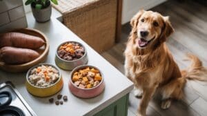 A happy golden retriever sits on the kitchen floor next to a counter with three bowls of homemade dog food and a bowl of sweet potatoes. The dishes are colorful and neatly arranged.