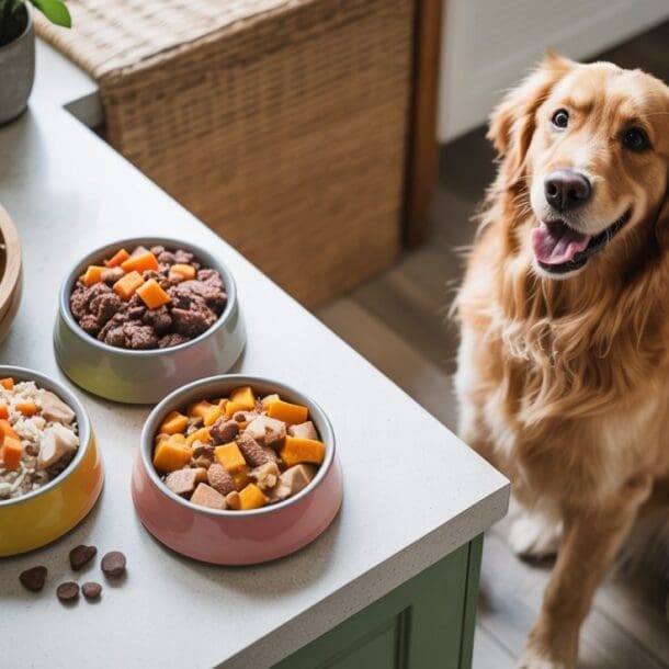 A happy golden retriever sits on the kitchen floor next to a counter with three bowls of homemade dog food and a bowl of sweet potatoes. The dishes are colorful and neatly arranged.