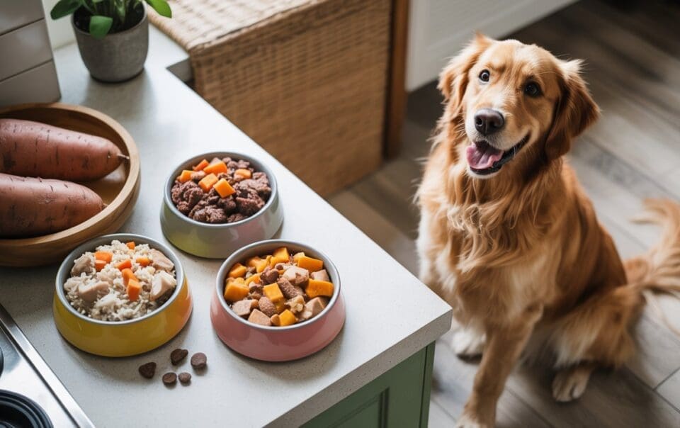 A happy golden retriever sits on the kitchen floor next to a counter with three bowls of homemade dog food and a bowl of sweet potatoes. The dishes are colorful and neatly arranged.