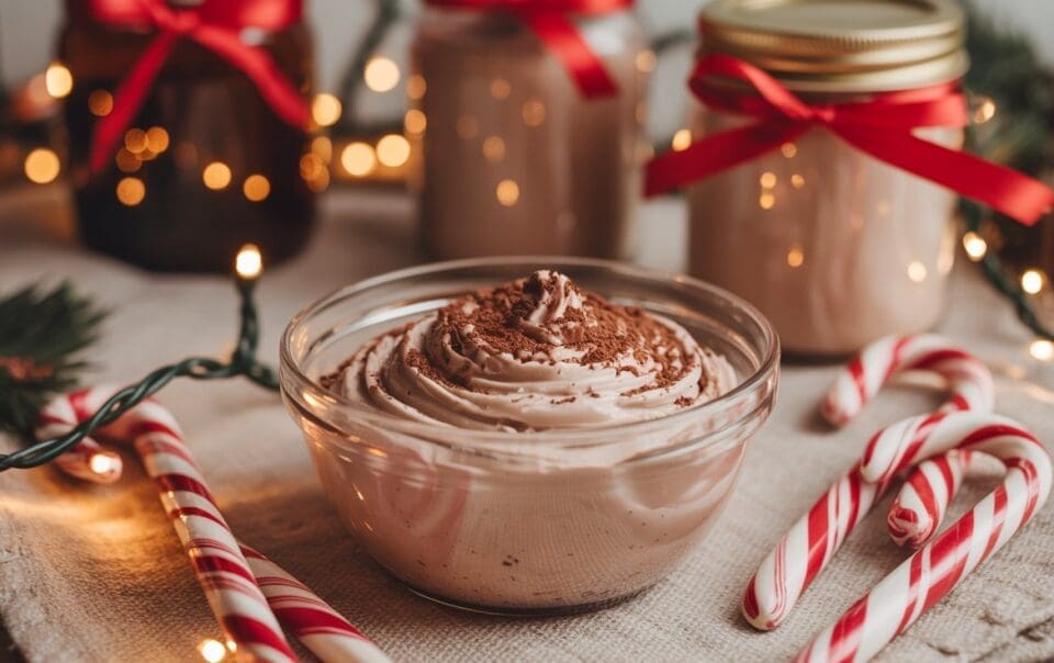 A glass bowl of creamy chocolate mousse topped with cocoa powder is surrounded by candy canes, jars tied with red ribbons, greenery, and twinkling holiday lights on a festive table.